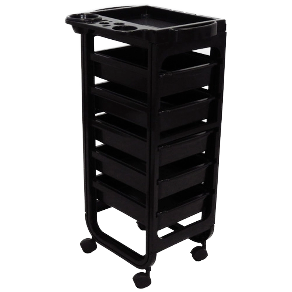 Black salon trolley for storing tools and supplies in practical teaching spaces