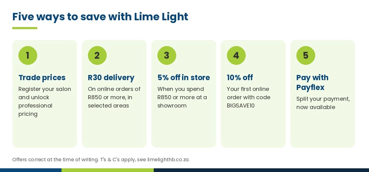 Five ways to save at Lime Light: trade prices, R30 delivery, 5% off in store, 10% off first order, Payflex