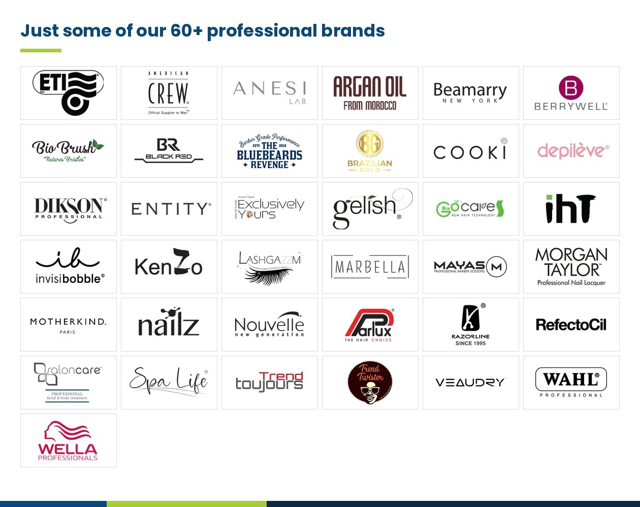 Professional salon brands stocked by Lime Light, including Wella, American Crew, Gelish, Morgan Taylor, Depileve and Wahl